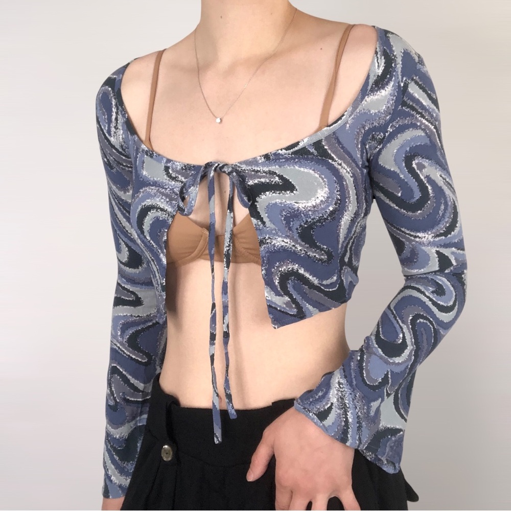 Indah India Blouse Imagine Blue Size XS Long Flare Sleeve Crop Tie Front